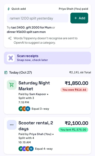 A trip's Track tab: Quick add, Scan receipts, and today's expenses with who paid and what you owe or lent