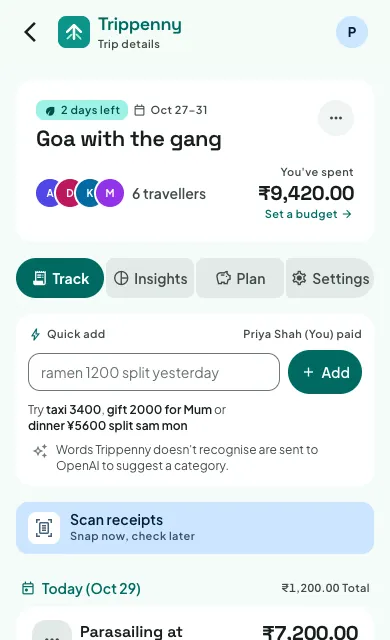 A trip's Track tab: Quick add, Scan receipts, and today's expenses with who paid and what you owe or lent